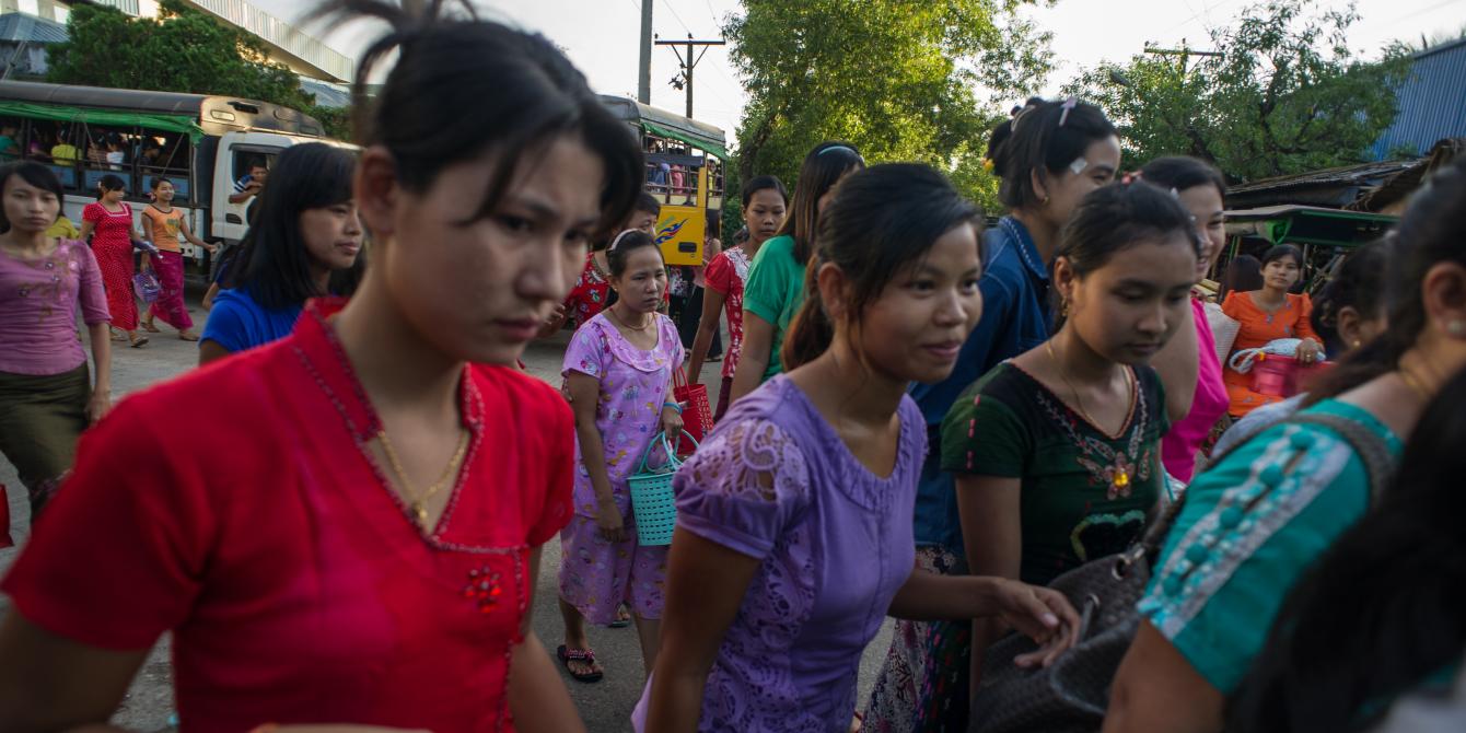 Women workers in Garment industry, Photo by: Kaung Htet/ Oxfam Women workers in garment factory in Hlaing Thar Yar Industrial Zone, are going to their works. This is where Oxfam conducted research for Made in Myanmar report. Photo by: Kaung Htet/ Oxfam